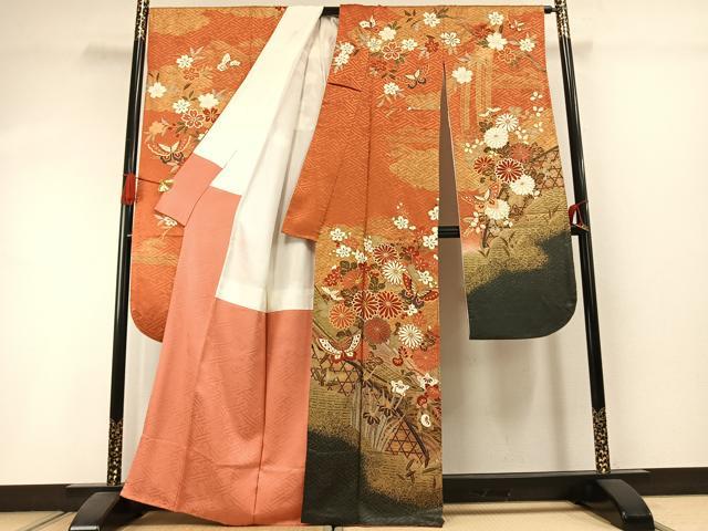 平和屋着物●豪華振袖　駒刺繍　花蝶文　暈し染め　金彩　正絹　逸品　AABI1495fy