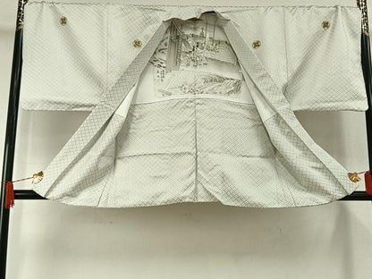 平和屋着物●男性　白紋付・羽織セット　菱文　正絹　逸品　AABI1500fy