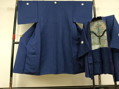 平和屋着物●男性　色紋付・羽織セット　亀甲地紋　紺桔梗色　正絹　逸品　AABI1501fy