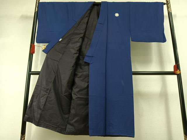 平和屋着物●男性　色紋付・羽織セット　亀甲地紋　紺桔梗色　正絹　逸品　AABI1501fy