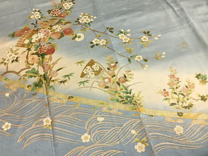 平和屋着物●訪問着　駒刺繍　扇面花文　暈し染め　金銀彩　さが美扱い　正絹　逸品　AABI1503fy