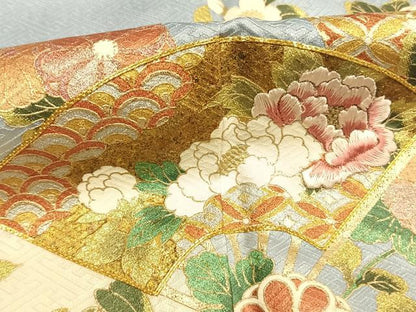 平和屋着物●訪問着　駒刺繍　扇面花文　暈し染め　金銀彩　さが美扱い　正絹　逸品　AABI1503fy