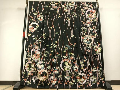 平和屋着物●豪華振袖　雪輪花文　黒地　金彩　正絹　逸品　AABI1522fy