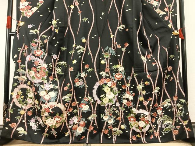 平和屋着物●豪華振袖　雪輪花文　黒地　金彩　正絹　逸品　AABI1522fy
