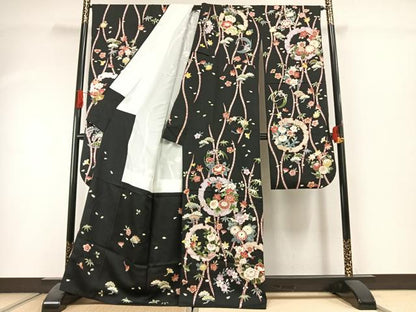 平和屋着物●豪華振袖　雪輪花文　黒地　金彩　正絹　逸品　AABI1522fy