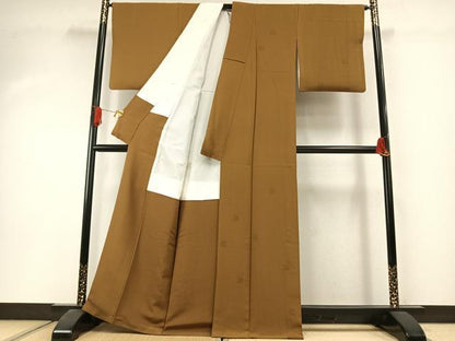 平和屋着物●無地絵羽訪問着　刺繍　枝葉文　黄橡色　正絹　逸品　AABI1574fy