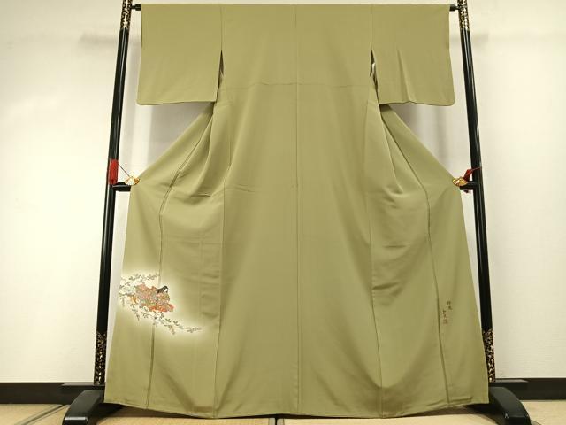 平和屋着物●色留訪問着　作家物　人物文　青朽葉色　暈し染め　正絹　逸品　AABI1588fy