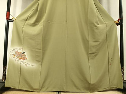 平和屋着物●色留訪問着　作家物　人物文　青朽葉色　暈し染め　正絹　逸品　AABI1588fy