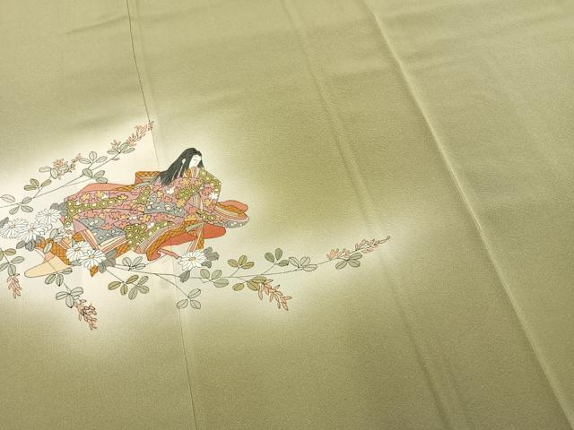 平和屋着物●色留訪問着　作家物　人物文　青朽葉色　暈し染め　正絹　逸品　AABI1588fy