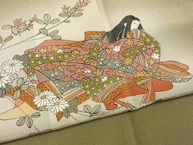 平和屋着物●色留訪問着　作家物　人物文　青朽葉色　暈し染め　正絹　逸品　AABI1588fy