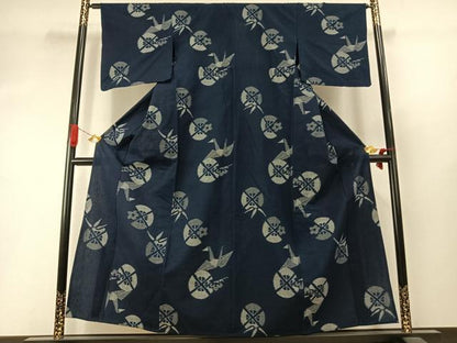 平和屋着物●久留米絣　単衣　折鶴　扇　綿　逸品　AABI1592fy