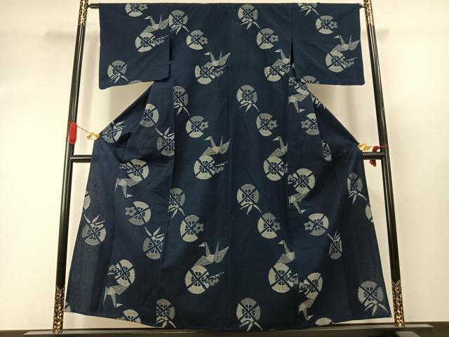 平和屋着物●久留米絣　単衣　折鶴　扇　綿　逸品　AABI1592fy