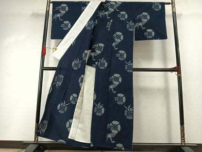 平和屋着物●久留米絣　単衣　折鶴　扇　綿　逸品　AABI1592fy