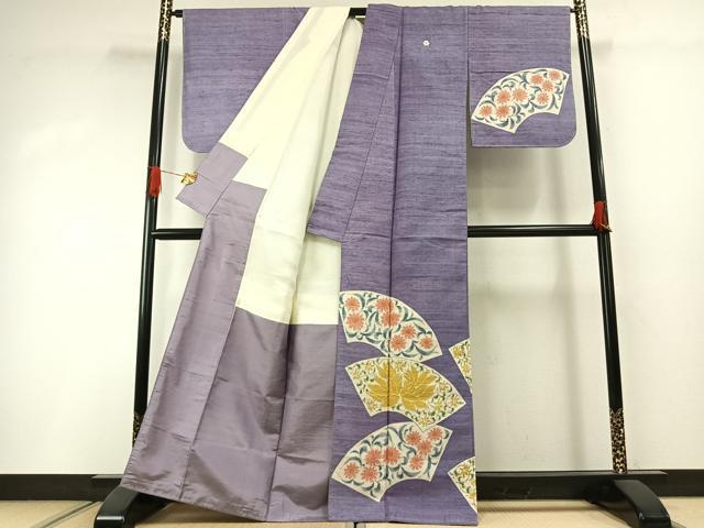 平和屋着物●訪問着　紬地　扇面花文　正絹　逸品　未使用　AABI1601fy