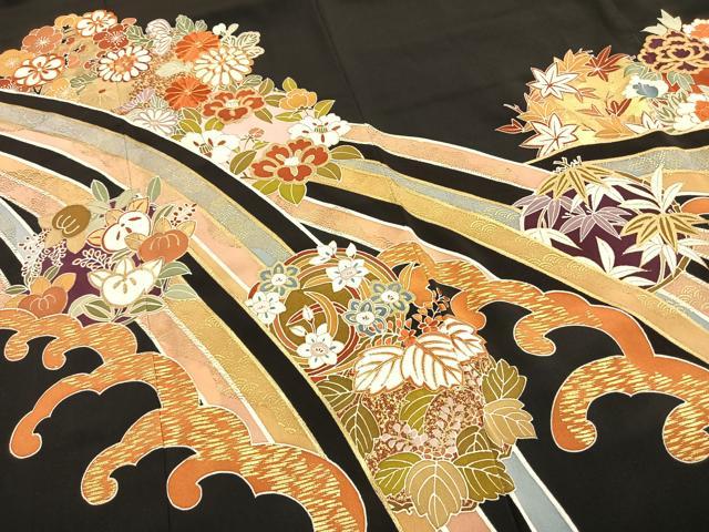 平和屋着物●創業460年・千總　黒留袖　駒刺繍　草花文　金彩　正絹　逸品　未使用　AABI1602fy