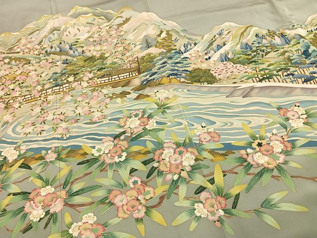 平和屋着物●豪華色留袖　友禅　作家物　風景花文　正絹　逸品　AABI1607fy