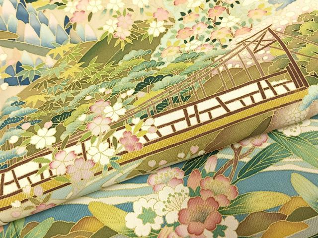 平和屋着物●豪華色留袖　友禅　作家物　風景花文　正絹　逸品　AABI1607fy