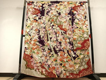 平和屋着物●豪華振袖　駒刺繍　草花文　金彩　正絹　逸品　AABI1612fy