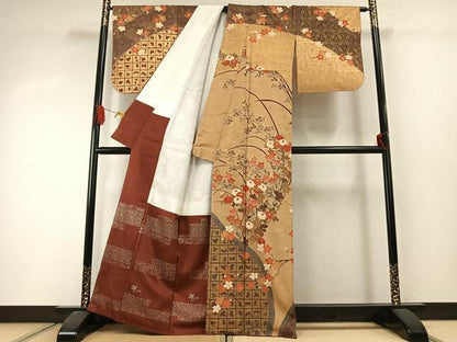 平和屋着物●英王室献上友禅作家　木下勝功　訪問着　駒刺繍　枝花文　暈し染め　金彩　正絹　逸品　AABI1620fy