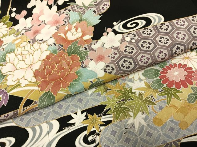 平和屋着物●豪華黒留袖　友禅　駒刺繍　草花文　金彩　正絹　逸品　AABI1624fy