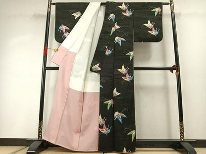 平和屋着物●上質な小紋　舞蝶文　黒地　金彩　正絹　逸品　AABI1632fy