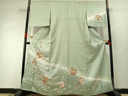 平和屋着物●訪問着　友禅　刺繍　花蝶文　暈し染め　金彩　正絹　逸品　AABI1637fy
