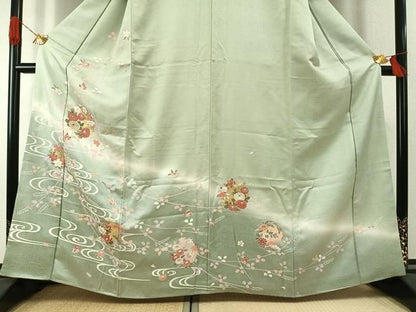 平和屋着物●訪問着　友禅　刺繍　花蝶文　暈し染め　金彩　正絹　逸品　AABI1637fy