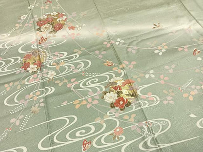 平和屋着物●訪問着　友禅　刺繍　花蝶文　暈し染め　金彩　正絹　逸品　AABI1637fy