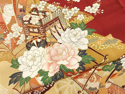 平和屋着物●豪華振袖　御所車花文　金彩　正絹　逸品　AABI1639fy