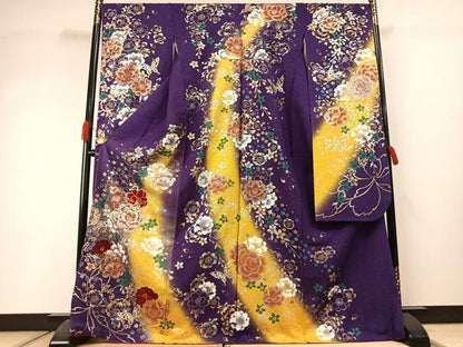 平和屋着物●豪華振袖　草花文　暈し染め　金銀糸　金銀彩　銀通し地　正絹　逸品　AABI1640fy