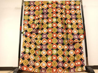 平和屋着物●豪華振袖　丸文　黒地　金彩　正絹　逸品　AABI1644fy