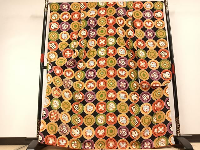 平和屋着物●豪華振袖　丸文　黒地　金彩　正絹　逸品　AABI1644fy