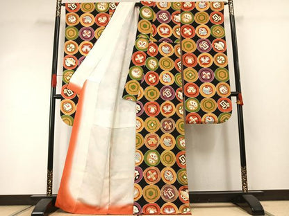 平和屋着物●豪華振袖　丸文　黒地　金彩　正絹　逸品　AABI1644fy