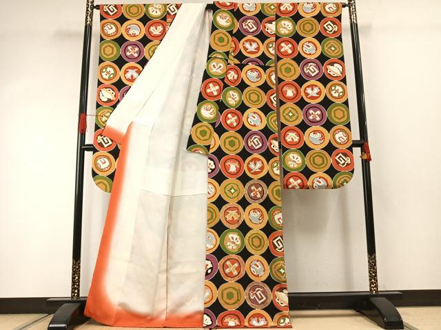 平和屋着物●豪華振袖　丸文　黒地　金彩　正絹　逸品　AABI1644fy