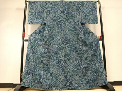 平和屋着物●上質な小紋　藍　切嵌更紗花蝶文　正絹　逸品　未使用　AABI1647fy