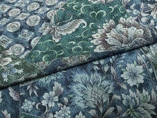 平和屋着物●上質な小紋　藍　切嵌更紗花蝶文　正絹　逸品　未使用　AABI1647fy