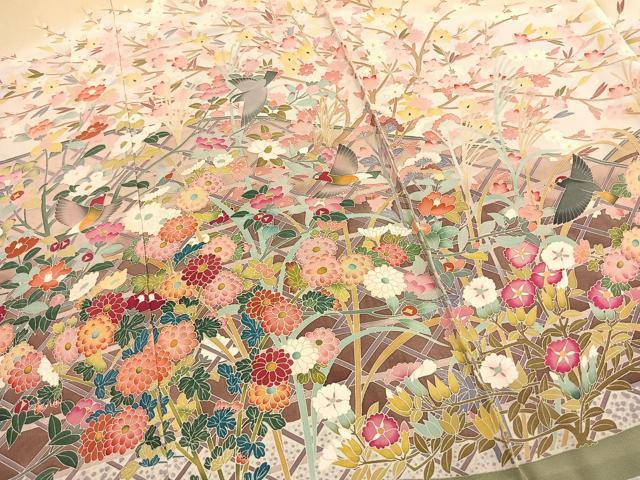 平和屋着物●豪華色留袖　友禅　作家物　花鳥文　仮絵羽　正絹　逸品　未使用　AABI1648fy