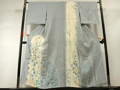 平和屋着物●名匠・初代由水十久師事　本加賀友禅作家　竹内銀風　訪問着　枝花文　暈し染め　反端付き　正絹　逸品　AABI1660fy