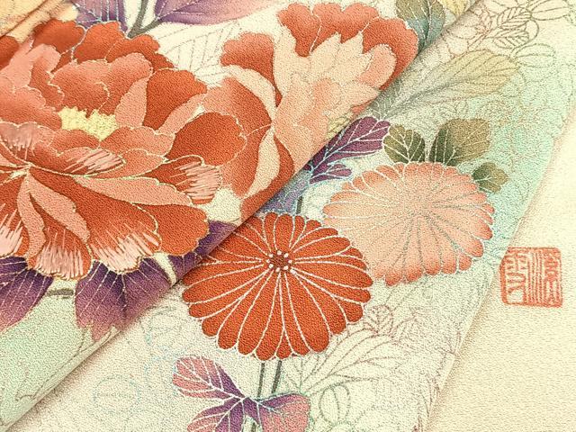 平和屋着物●訪問着　作家物　刺繍　草花文　暈し染め　銀彩　正絹　逸品　AABI1667fy