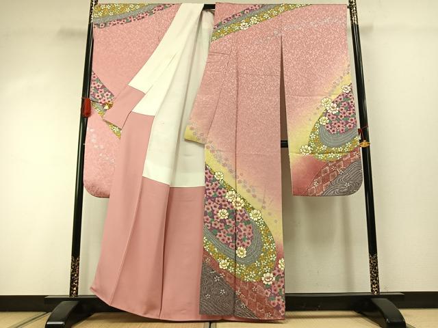平和屋着物●豪華振袖　駒刺繍　草花文　暈し染め　銀彩　金通し地　正絹　逸品　AABI1668fy