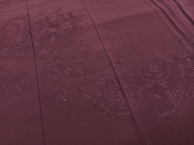 平和屋着物●豪華振袖　中国三大刺繍　汕頭刺繍　スワトウ刺繍　総刺繍　吉祥花鳥地紋　蒲葡色　正絹　逸品　AABI1674fy