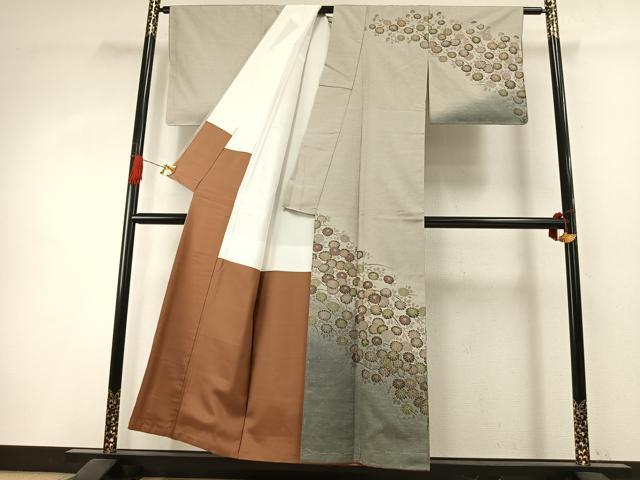 平和屋着物●訪問着　紬地　草花文　金彩　正絹　逸品　未使用　AABI1681fy