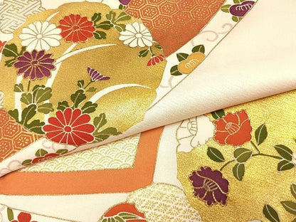 平和屋着物●訪問着　駒刺繍　雪輪花文　金彩　正絹　逸品　AABI1689fy