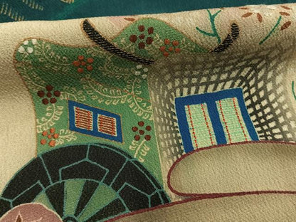平和屋着物●アンティーク　大正ロマン　色留袖　刺繍　御所車花文　暈し染め　金糸　両褄　江戸褄　正絹　逸品　AABI1702fy