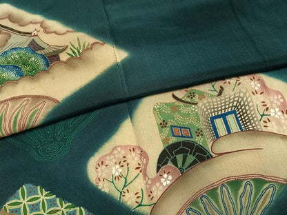 平和屋着物●アンティーク　大正ロマン　色留袖　刺繍　御所車花文　暈し染め　金糸　両褄　江戸褄　正絹　逸品　AABI1702fy