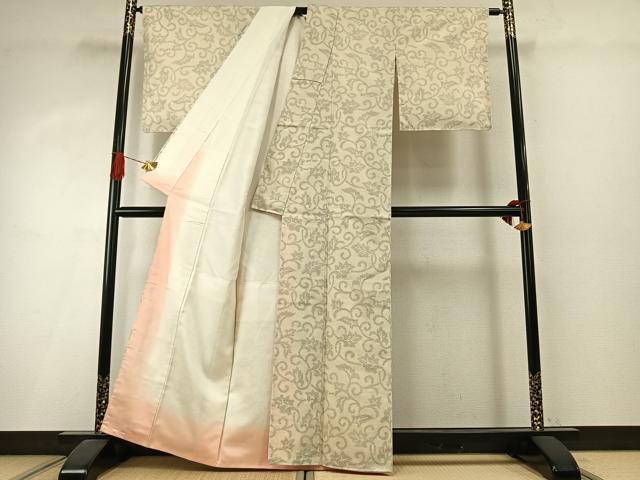 平和屋着物●結城紬　100亀甲　唐草文　結織苑　反端付き　正絹　逸品　AABI1703fy