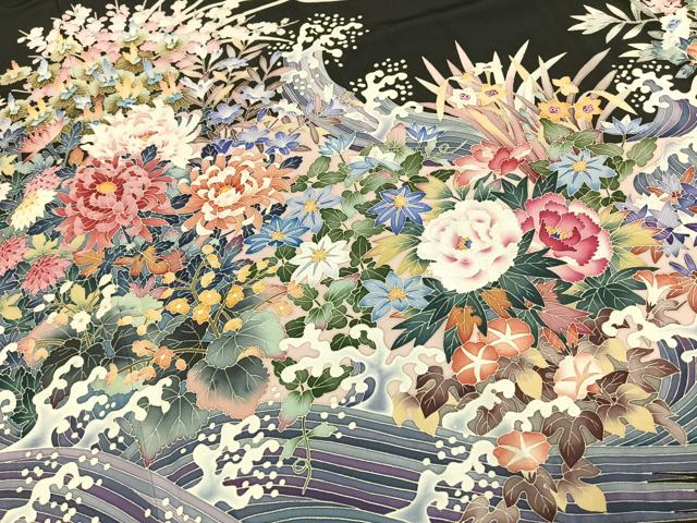 平和屋着物●本加賀友禅作家　寺西次作　黒留袖　草花文　正絹　逸品　AABI1708fy