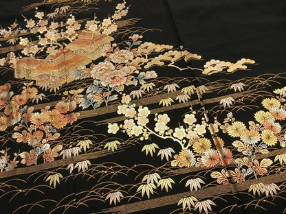 平和屋着物●金彩友禅　卓越技能者・名工・和田光正　黒留袖　松竹梅　風景花文　金銀彩　仮絵羽　正絹　逸品　未使用　AABI1711fy