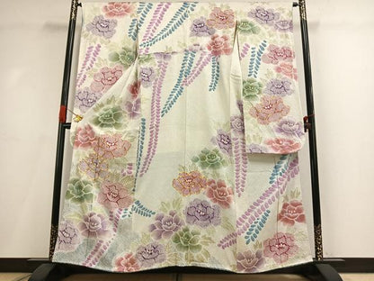 平和屋着物●豪華振袖　駒刺繍　絞り　草花文　金彩　正絹　逸品　AABI1712fy