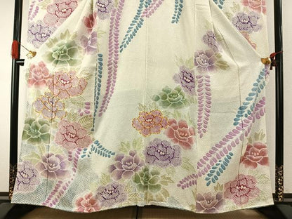 平和屋着物●豪華振袖　駒刺繍　絞り　草花文　金彩　正絹　逸品　AABI1712fy
